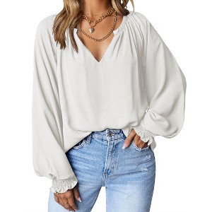 Zeagoo Casual Tops for Women 2023 Puff Long Sleeve Pleated V Neck Tunic Loose Fit Ladies Work Blouse - 1 of 4
