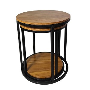 Royal Hampton Nesting Table Set of 2, Round Brown Solid Wood Top, Black Metal Frame - 1 of 4