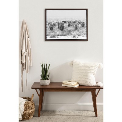 Herd of Highland Cows Black and White Canvas Print with Brown Frame