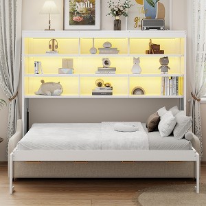 Full/Queen Size Murphy Bed with Folding Sofa, LED Foldable Bed Space Saving Hidden Wall Bed with Built-in Storage Shelves, Beige - ModernLuxe - 1 of 4