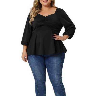 Agnes Orinda Women's Plus Size 3/4 Sleeves Sweetheart V Neck Elbow Sleeve  Front Ruched Peplum Blouse : Target