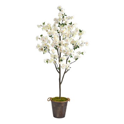 Nearly Natural 6-ft Cherry Blossom Artificial Tree in Decorative Metal Pail with Rope