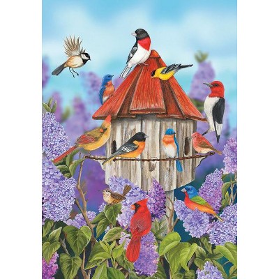 Birdhouse and Lilacs Spring Garden Flag with Colorful Birds