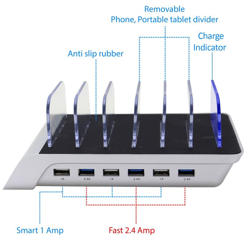 Trexonic 10.2A 6-Port USB Charging Station with Brackets, Silver, 4 of 10