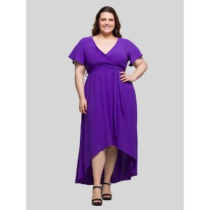 24seven Comfort Apparel Plus Size V Neck Belted Faux Wrap High Low Dress - 1 of 4