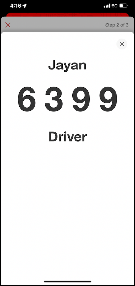 Screenshot from Target guest app that says a guest last name at the top of the screen 'Jayan,' along with a unique four-digit code '6399' and the words 'Driver' below