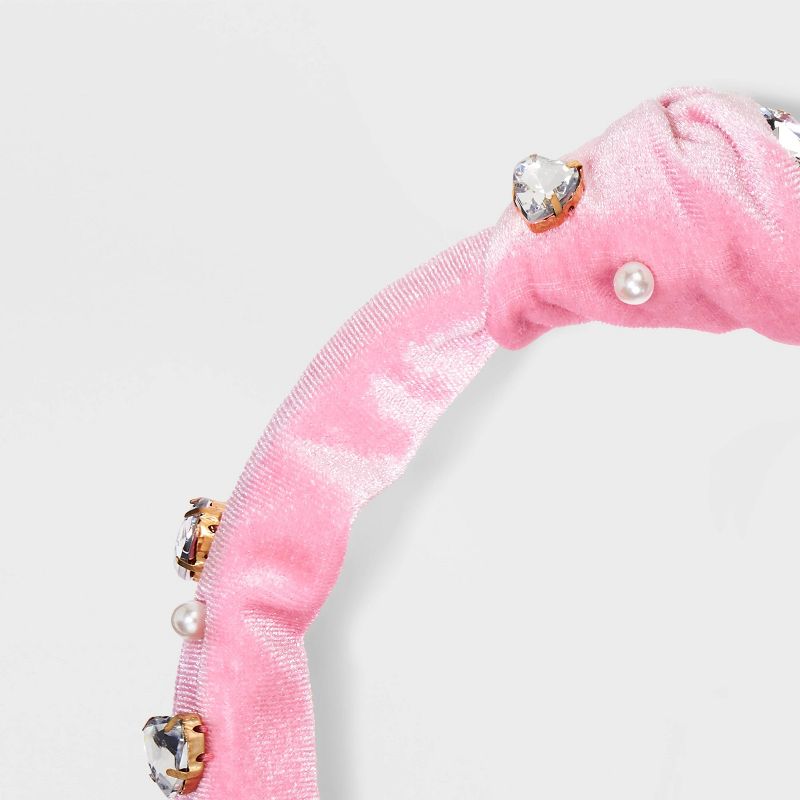 Pearls and Heart Stones Knot Top Velvet Headband - A New Day&#8482; Pink, 4 of 7