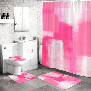 4 Pcs Hot Pink Ombre Shower Curtain Set with Rugs, Abstract Bathroom Decor, Rustic Grunge Style 72X72 - 1 of 4