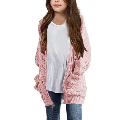 Cardigan for Girls Open Front Sweater Long Sleeve Loose Fit Sweater Jacket,Pink - L