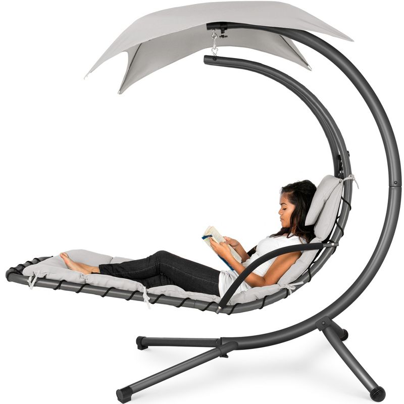 Best Choice Products Hanging Curved Chaise Lounge Chair Swing for Backyard, Patio w/ Pillow, Shade, Stand, 1 of 13