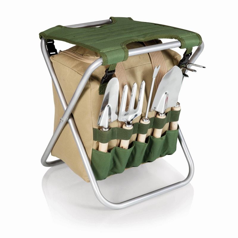 Picnic Time 5pc Garden Tool Set with Tote And Folding Seat - Olive Green, 1 of 10