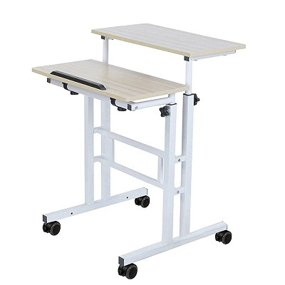 SDADI L1010WFLT Adjustable-Height Steel-Framed Mobile Standing Office Computer Desk with 2 Tiers and Lockable Caster Wheels, Light Grain