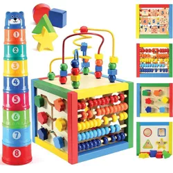 Wooden Activity Cube with Bead Maze, Shape Sorter, Abacus Counting Beads, Counting Numbers, Sliding Shapes, 8Pcs Stacking Cups - 5  in 1 - Play22Usa