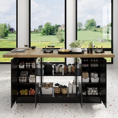 FUFU&GAGA Black Wooden 77.3 in. W Kitchen Island Dining Bar Table With Table Top