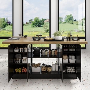 FUFU&GAGA Black Wooden 77.3 in. W Kitchen Island Dining Bar Table With Table Top - 1 of 4