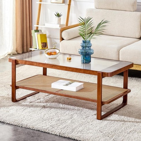 Modern Rattan Coffee Table rectangular Center Table With Tempered Glass Tabletop 2 Tier Wood Tea Table For Living Room Office Bedroom Brown Target