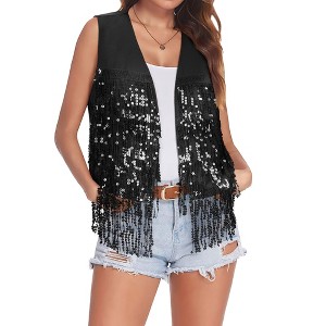 Nlife Women's Solid Color Sparkly Sequin Fringed Trim Sleeveless Glitter Jacket - 1 of 4
