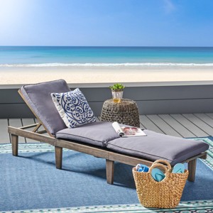 1 Piece Acacia Wood Outdoor Patio Chaise Lounge,Fabric Upholstered Armless Lounge Chair With Wood Frame For Beach Poolside-Coolbibila - 1 of 4