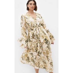Women's Plus Size Plunge Frill Print Maxi Dress - natural | CITY CHIC - 1 of 4