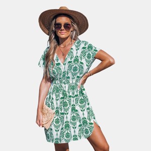 Women's Green Botanical Print Cinched Waist Beach Cover-Up Dress - Cupshe - 1 of 4