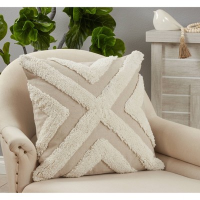 Ivory Tufted Cross Cotton Square Throw Pillow Cover