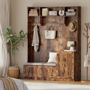 78.7" Tall Hall Tree with Bench and Shoe Storage, Modern Wood Entryway Bench with Coat Rack, 4 Hanging Hooks, 3 Open Compartments for Hallway, Black - 1 of 4