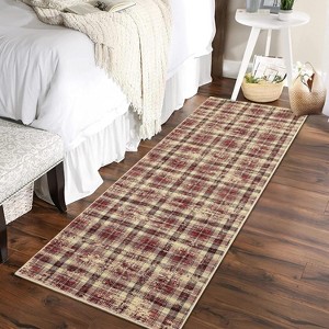 Washable Modern Tartan Plaid for Kitchen & Bedroom, Non Slip, Stain Resistant Throw Rug, 2'x6', Beige - 1 of 4