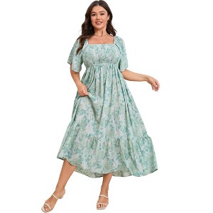 Women's Plus Size Flowy Maxi Dress Flutter Short Sleeve Boho Dress Square Neck Smocked Formal Dresses for Women - 1 of 4