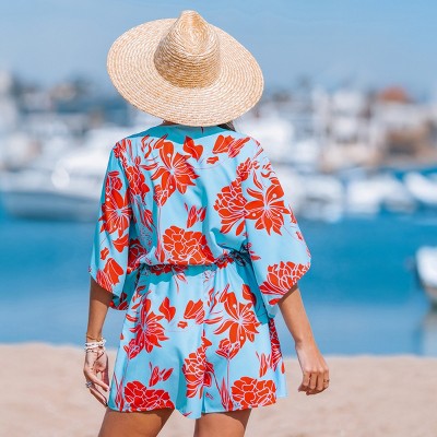 Women's Vibrant Floral Print Beach Romper with Batwing Sleeves -Cupshe