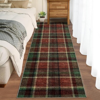 Washable Non-Slip Runner Rug - Plaid Hallway, Kitchen, Entryway Mat - Stain Resistant Farmhouse Carpet