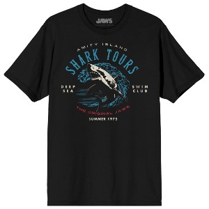 Jaws Franchise Amity Island Shark Tours Wave on Black Adult Crew Neck Short Sleeve T-shirt - 1 of 3