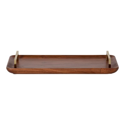 Walnut Brown Acacia Wood Rectangular Serving Tray with Gold Handles