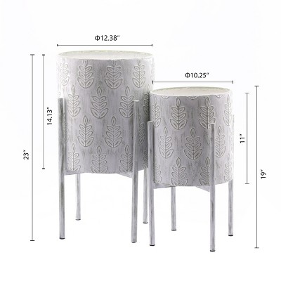 Elegant White and Sage Metal Leaf Embossed Planter Set with Stand