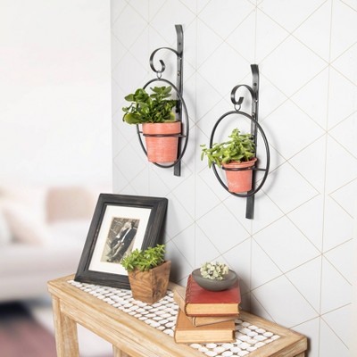 Set of 2 Black Iron Hanging Planters with Terracotta Pots