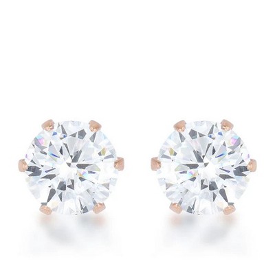 ShineHigh Reign 3.4ct Round CZ Stud Earrings for Women – Rose Goldtone Stainless Steel Post Back Earrings with 6mm Cubic Zirconia
