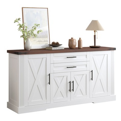 TiramisuBest 63" Farmhouse Barn Door Storage Cabinet with 2 Drawers & Adjustable Shelves, Large Buffet Table for Kitchen, Living, Entryway, Black