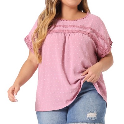 Agnes Orinda Women's Plus Size Swiss Dots Short Sleeve Lace Crochet Chiffon Pleated Casual Blouses