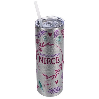 Elanze Designs Floral Silvertone Sparkle 20 Ounce Double Wall Stainless Steel Glitter Travel Tumbler With Sliding Lid And Straw, World's Greatest