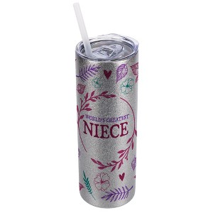 Elanze Designs Floral Silvertone Sparkle 20 Ounce Double Wall Stainless Steel Glitter Travel Tumbler With Sliding Lid And Straw, World's Greatest - 1 of 4