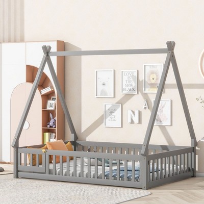 CAVINAS Twin Size Floor Bed Tent-Shaped Sleek Pine Bed Frame with Guardrail and Door for Bedroom