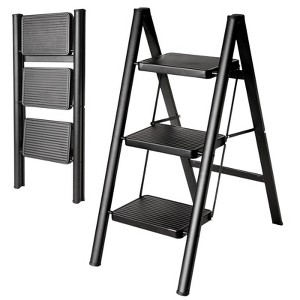 Itopfox 3 Step Folding Ladder, Sturdy 330 Lbs Capacity, Anti-Slip Wide Pedals, Multi-Use Kitchen Step Stool for Home Compact & Portable Design, Black - 1 of 4