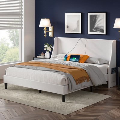 VECELO Upholstered Full/Queen Size Bed Frame with Headboard & Wingback, Platform Bed with USB & Type-C Ports