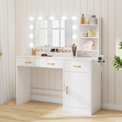 EcoSummer Makeup Vanity Desk with Lighted Mirror, White Dressing Table with Charging Station, 3 Large Drawers for Bedroom
