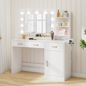 EcoSummer Makeup Vanity Desk with Lighted Mirror, White Dressing Table with Charging Station, 3 Large Drawers for Bedroom - 1 of 4