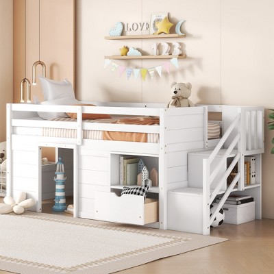 JUJABU Solid Wood Twin Size Low Loft Bed with Staircase, Drawer, and Storage Shelf