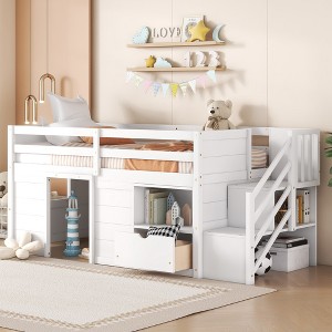 JUJABU Solid Wood Twin Size Low Loft Bed with Staircase, Drawer, and Storage Shelf - 1 of 4