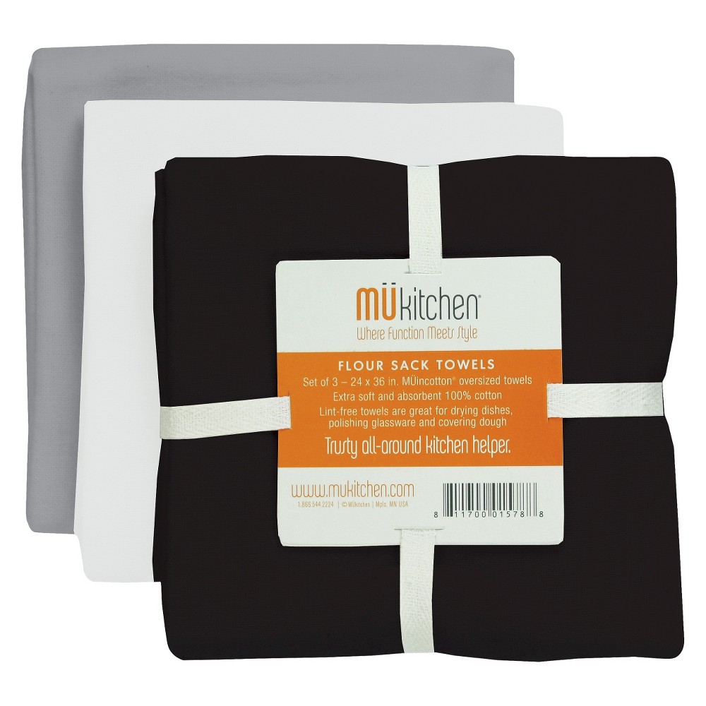 3pk Cotton Flour Sack Kitchen Towels Gray/Black/White - MU Kitchen: Machine Washable, Plain Weave Dish Cloths