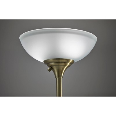 71" Black and Antique Brass Torchiere Floor Lamp with Frosted Glass Shade