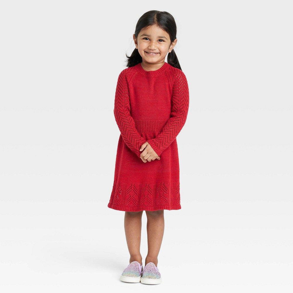 Toddler Girls' Sparkle Crochet Long Sleeve Sweater Dress - Cat & Jack Red 12M