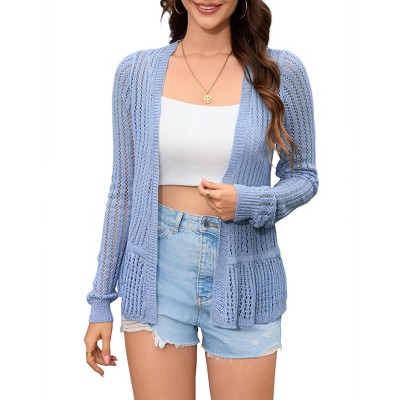 Women Hollow Out Cardigan Sweater Crochet Knit Shrugs Long Sleeves with Ruffled Hem